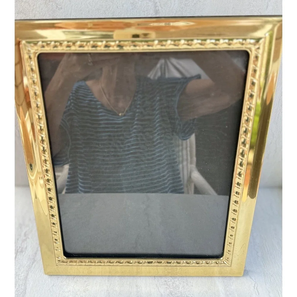 Vtg Solid Brass Picture Frame Geometric Border Easel Back 8x10 Photo #6627
